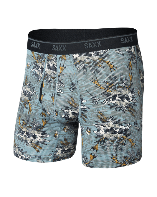 SAXX Quest boxer briefs in blue hunting lodge print with black waistband