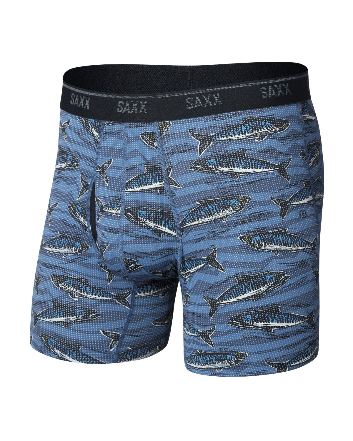 SAXX Quest blue fish-print men's boxer briefs with black waistband