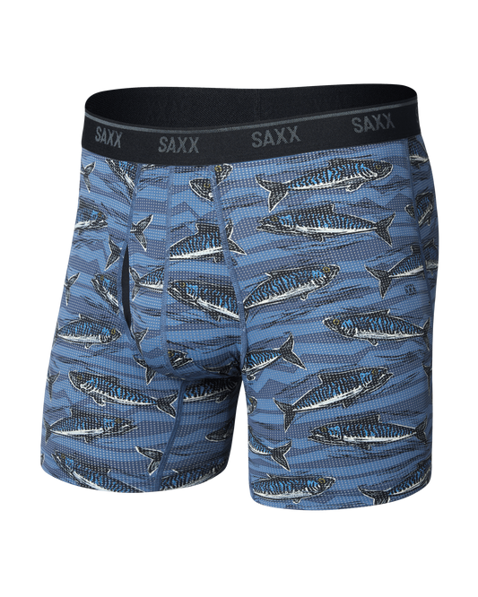 SAXX Quest blue fish-print men's boxer briefs with black waistband