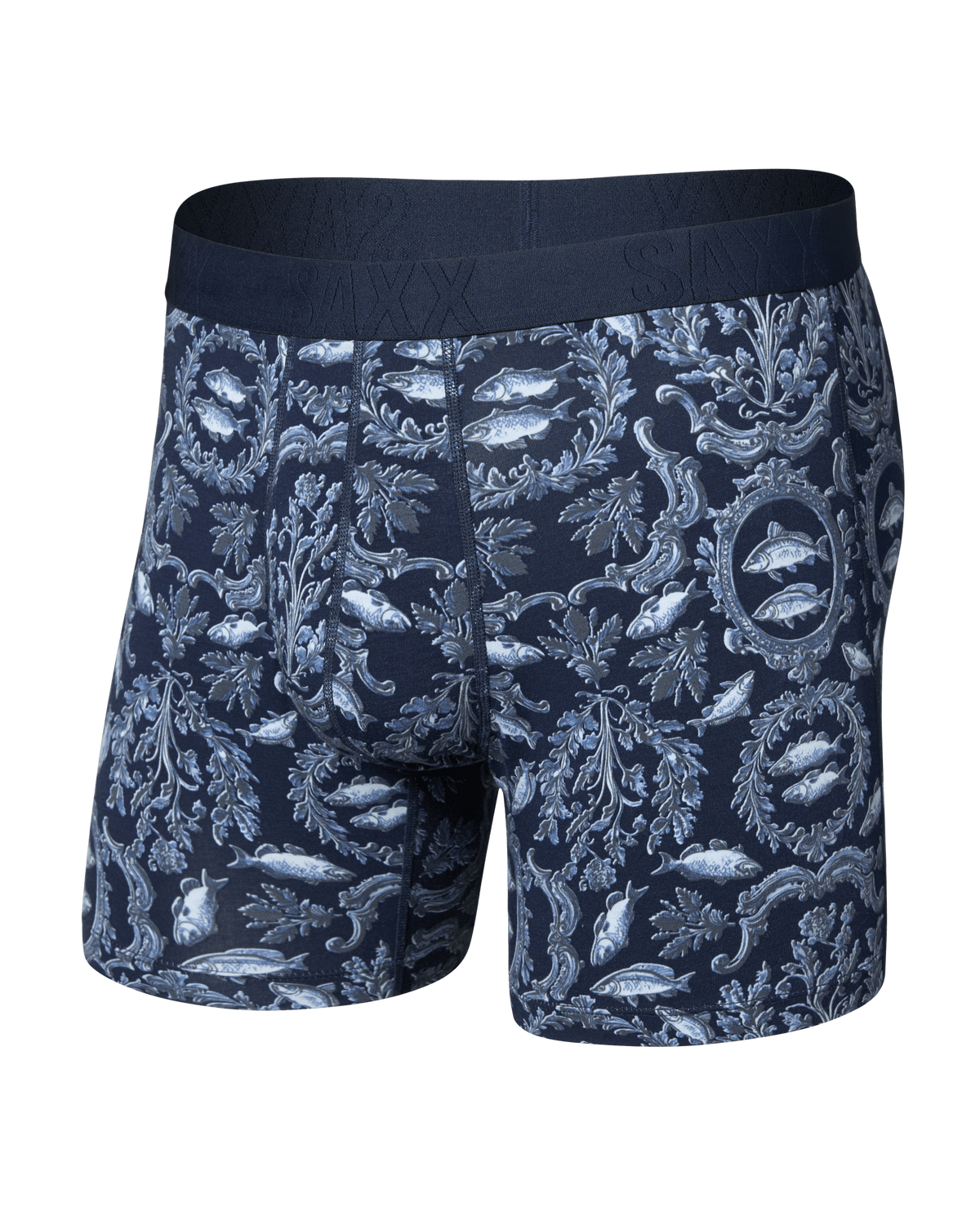 SAXX navy blue boxer briefs with baroque fish and floral allover print pattern