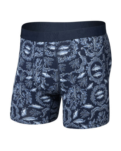 SAXX navy blue boxer briefs with baroque fish and floral allover print pattern