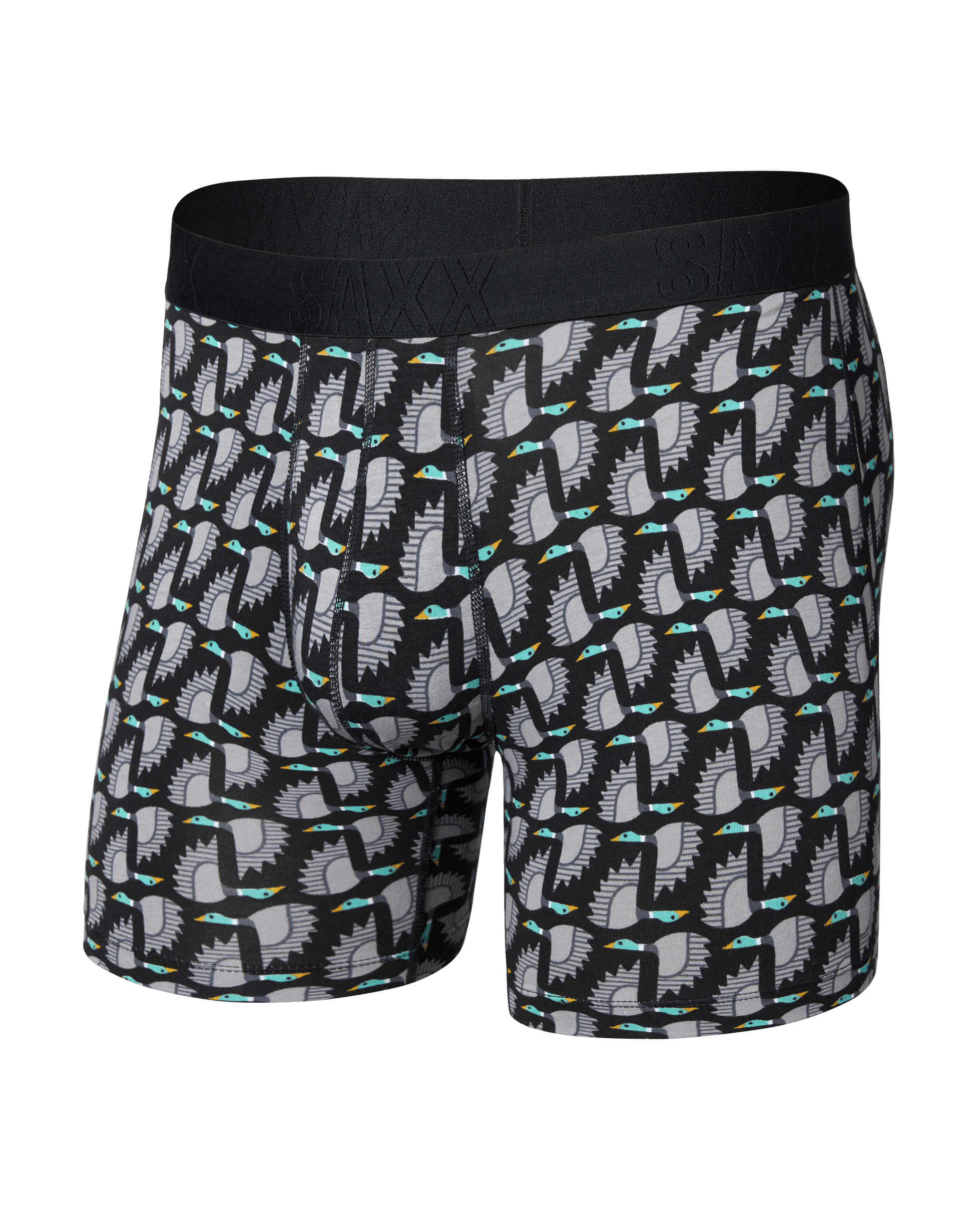 SAXX black boxer briefs with repeating grey penguin bird pattern and black waistband
