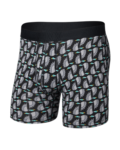 SAXX black boxer briefs with repeating grey penguin bird pattern and black waistband