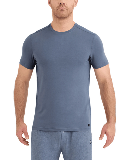 Men's slate blue short sleeve crew neck t-shirt with relaxed fit, front view