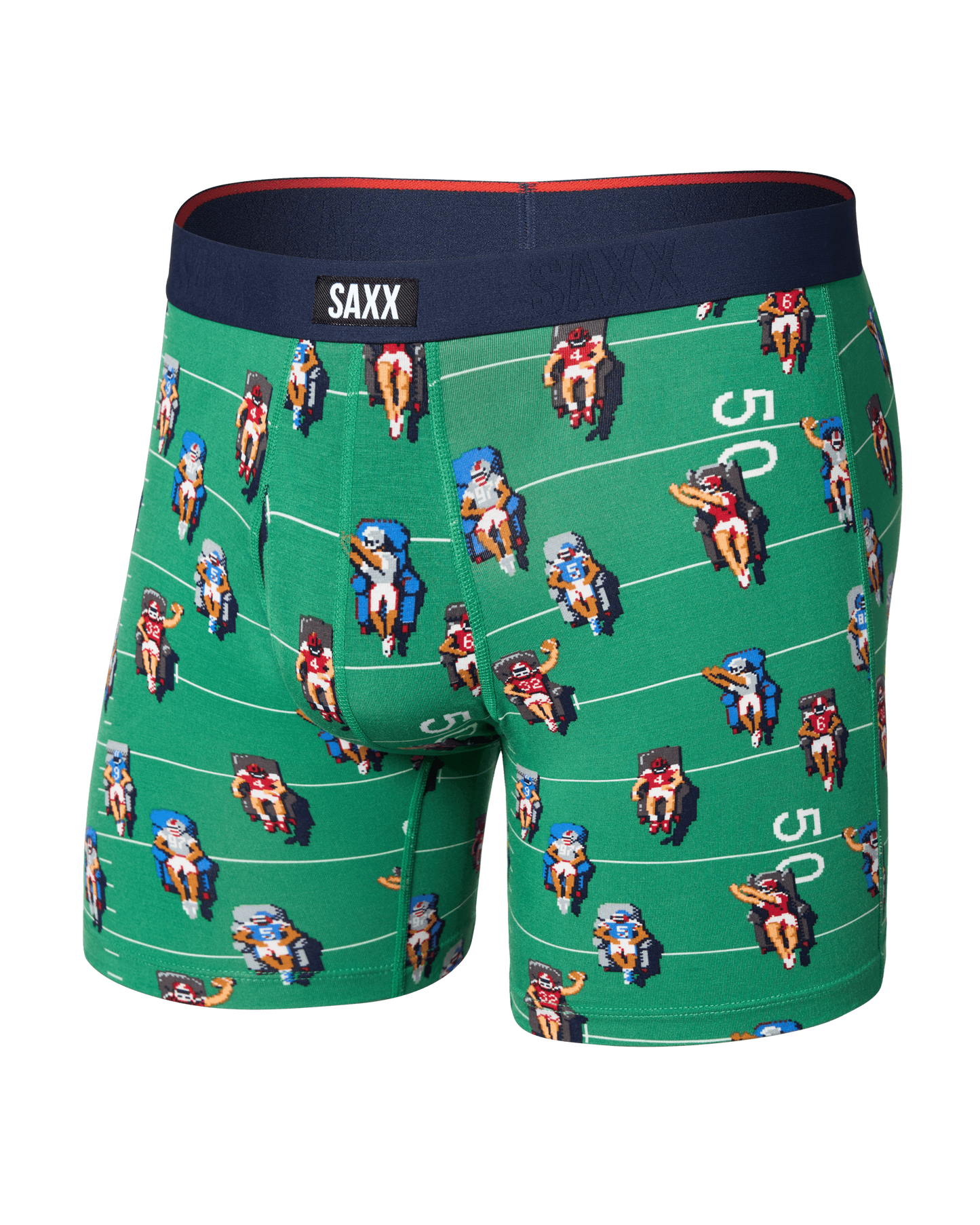 Green SAXX boxer briefs with retro pixel art football field and players print