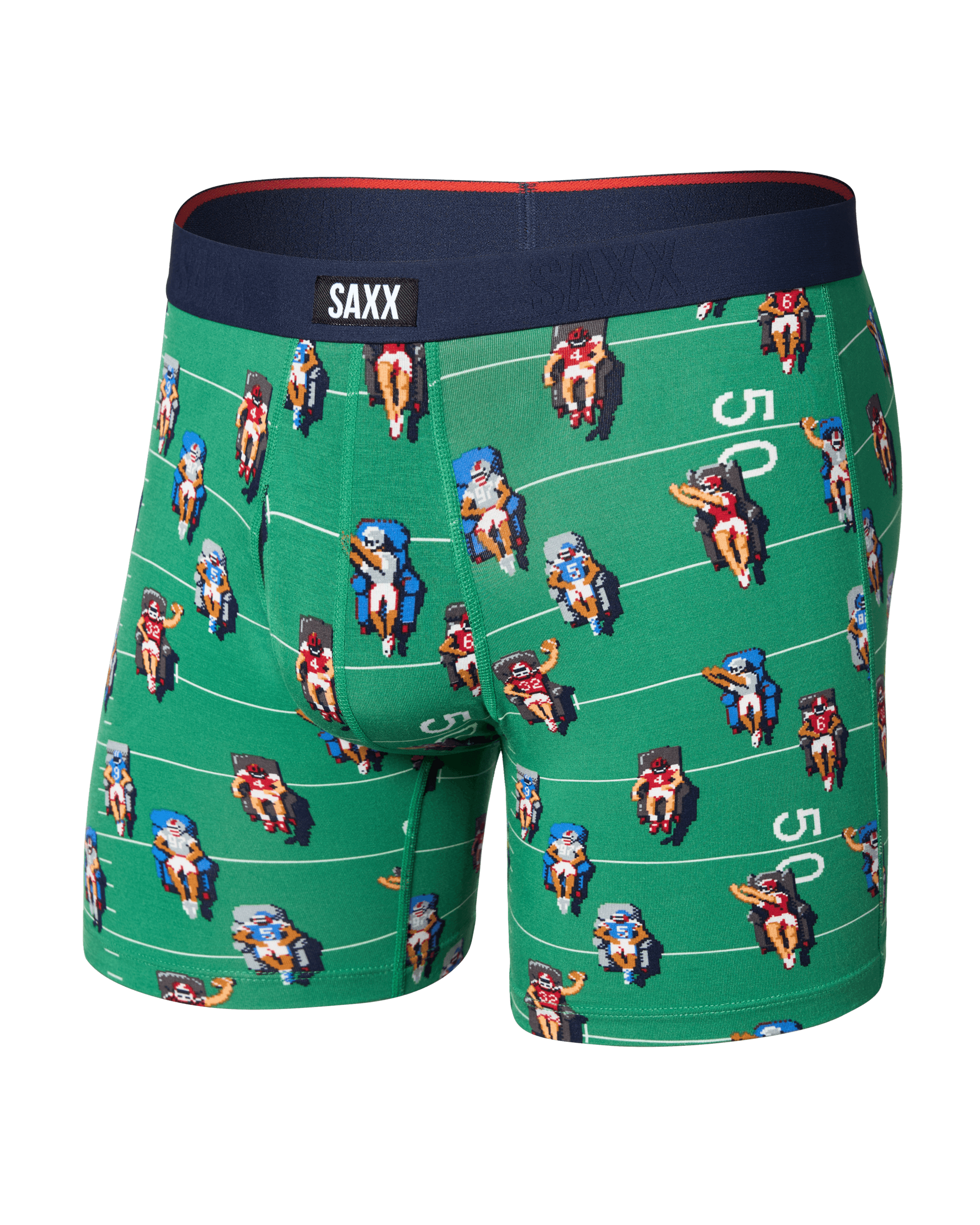Green SAXX boxer briefs with retro pixel art football field and players print
