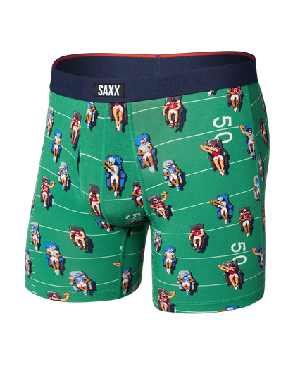 Green SAXX boxer briefs with retro pixel art football field and players print