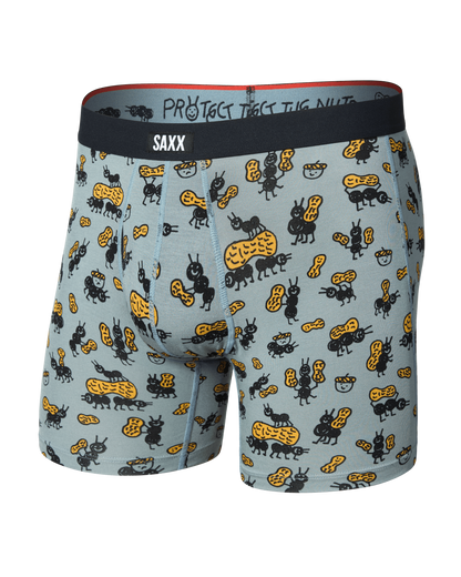 SAXX Vibe Xtra boxer briefs in blue with ant and peanut allover print