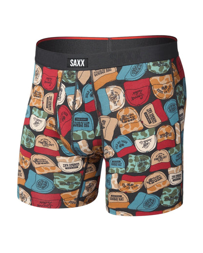 SAXX Vibe Xtra boxer briefs with colorful cowboy hat print on dark background