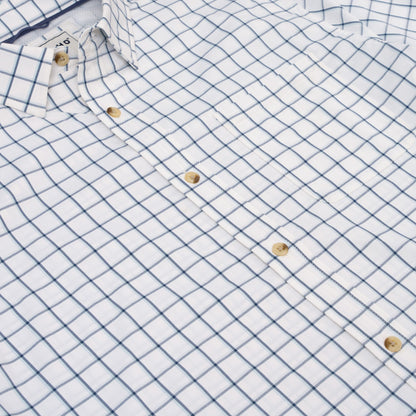 White and blue plaid button-down long sleeve shirt with tan buttons