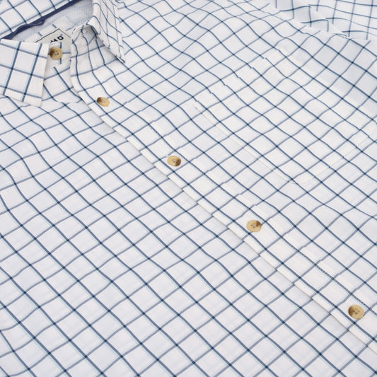 White and blue plaid button-down long sleeve shirt with tan buttons