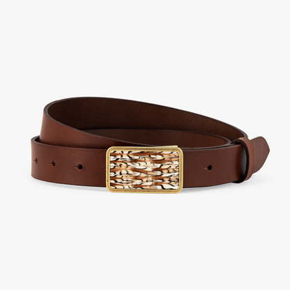 Brown leather belt with gold buckle featuring animal print feather inlay
