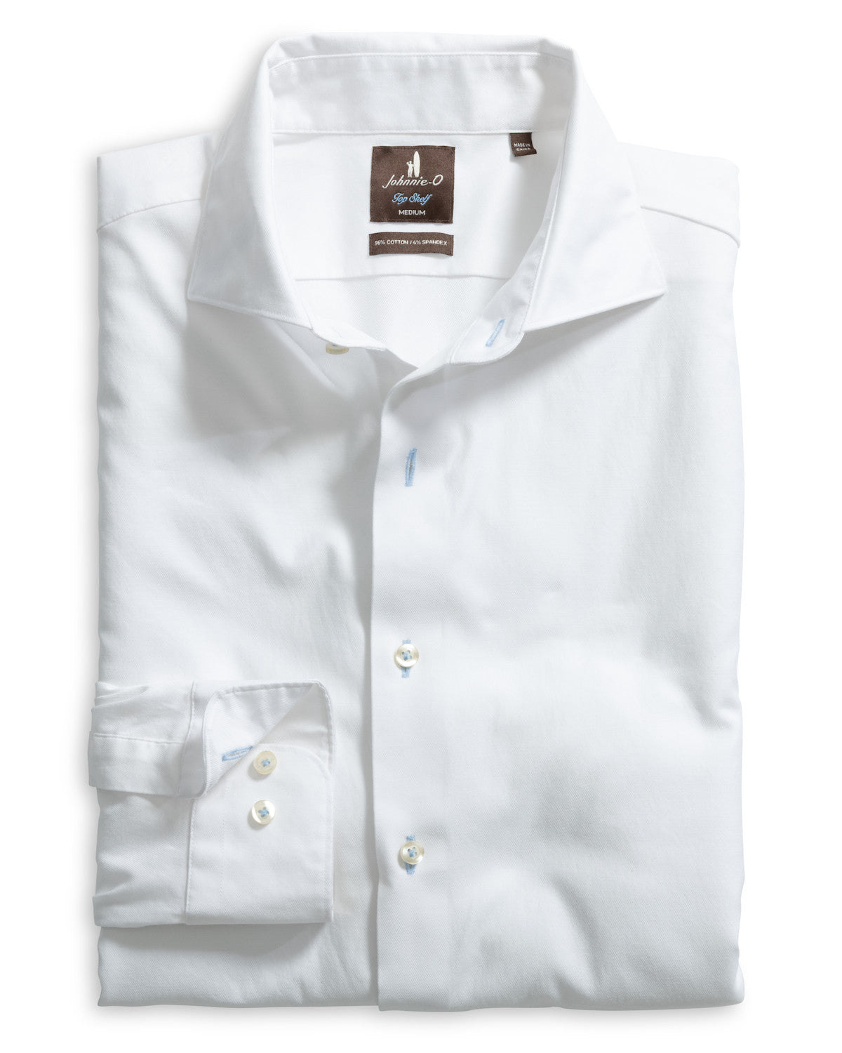 Folded white stretch twill button-down dress shirt with cutaway collar, medium size
