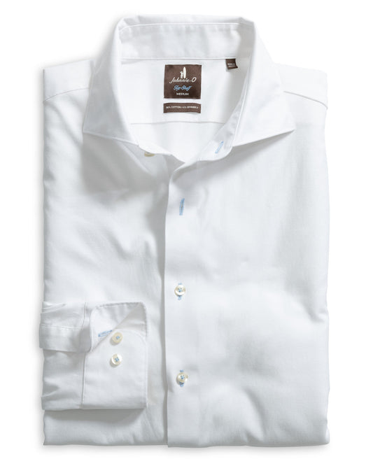 Folded white stretch twill button-down dress shirt with cutaway collar, medium size