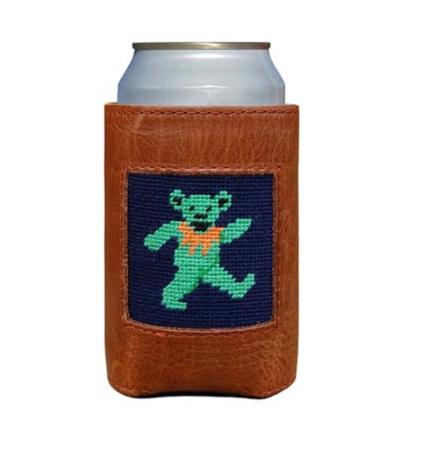 Dancing Bear (Navy) Leather Needlepoint Koozie - Beau Outfitters